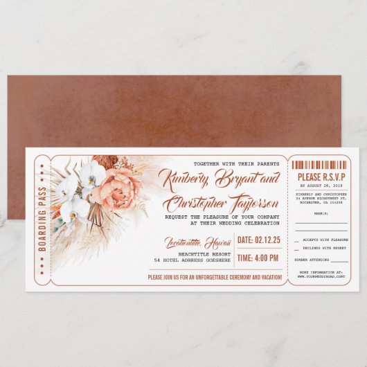 Pampas Grass Terracotta Floral Wedding Ticket Kaart (Voorkant / Achterkant)