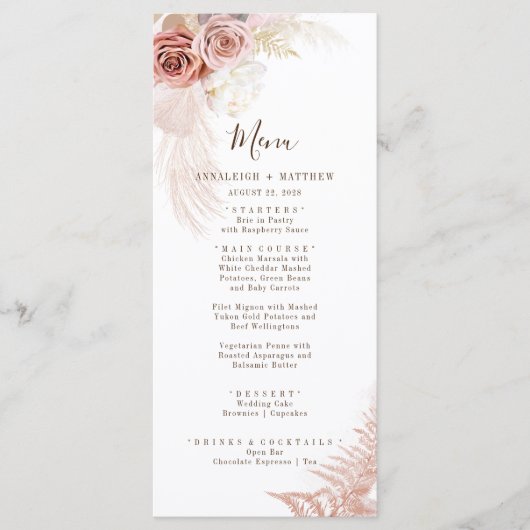 Pampas Grass Terracotta Modern Bloemen Bruiloft Menu (Voorkant)