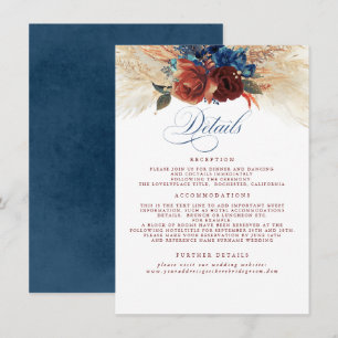 Pampas Grass Terracotta Navy Blue Wedding Details Informatiekaartje