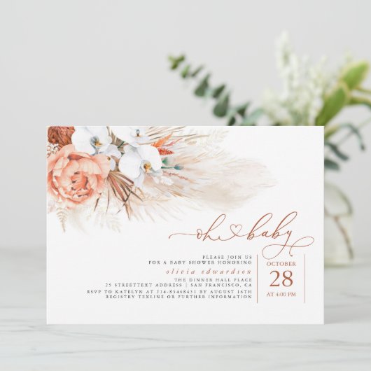 Pampas Grass Terracotta Oh Baby shower Uitnodiging (Staand voorkant)