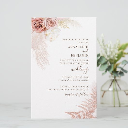 Pampas Grass Terracotta Wedding Invitation Briefpapier (Staand voorkant)