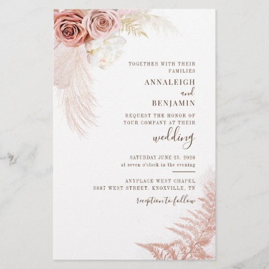 Pampas Grass Terracotta Wedding Invitation Briefpapier (Voorkant)