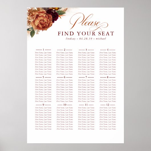 Pampas Grass Terracotta Wedding Seding Chart Poster (Voorkant)
