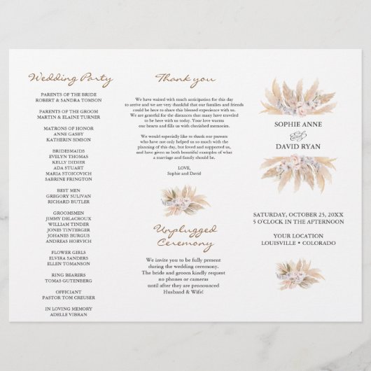 Pampas grass Tri+Fold Wedding Programme Pamp Flyer (Voorkant)