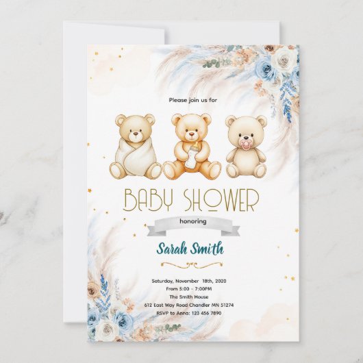 Pampas Grass Triplet bear invitation Kaart (Voorkant)