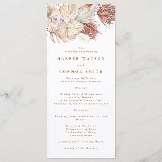 Pampas Grass Tropical Oerwoud Floral Wedding Programmakaart (Voorkant)