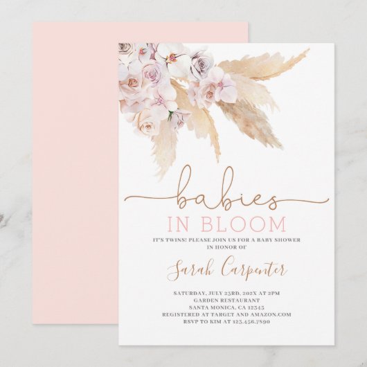 Pampas Grass Twin Girls Baby shower Kaart (Voorkant / Achterkant)