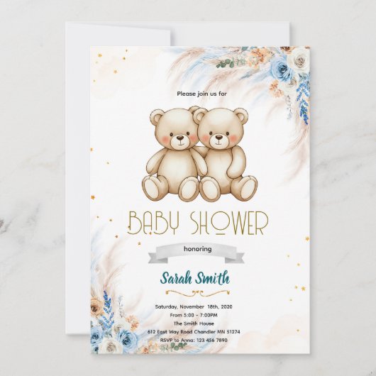 Pampas Grass twins bear invitation Kaart (Voorkant)