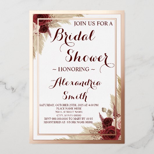 Pampas Grass Vrijgezellenfeest Roos Gold Folie Uitnodiging (Voorkant)