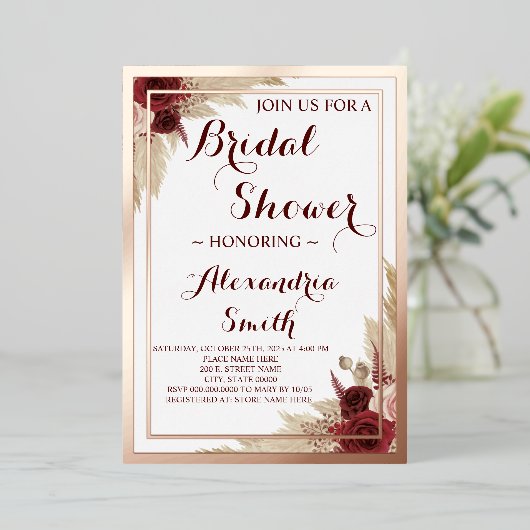 Pampas Grass Vrijgezellenfeest Roos Gold Folie Uitnodiging (Staand Voorkant)