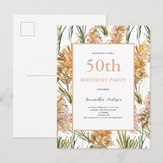 Pampas Grass Waterverf 50e verjaardag Uitnodiging Briefkaart (Voorkant / Achterkant)