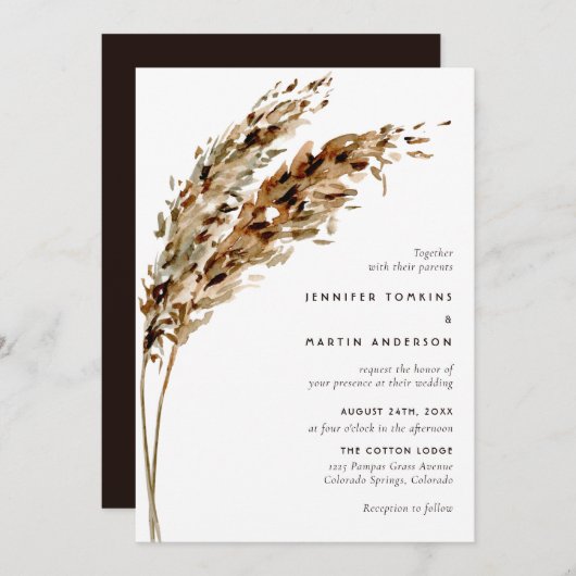 Pampas Grass Waterverf Boho Wedding Kaart (Voorkant / Achterkant)