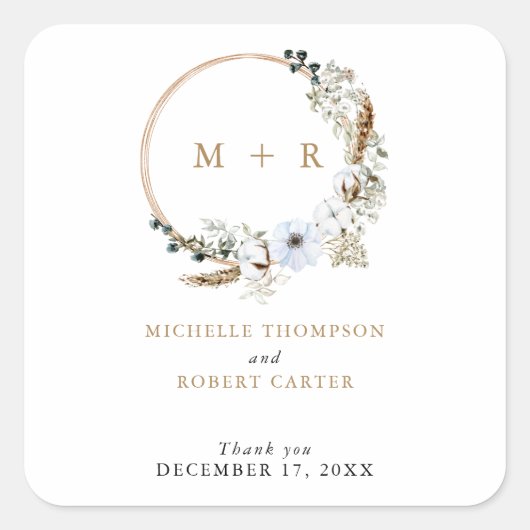 Pampas Grass Wedding Boho Terracotta Monogram Chic Vierkante Sticker (Voorkant)