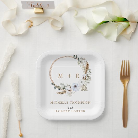 Pampas Grass Wedding Boho Terracotta Monogram Papieren Bordje (Huwelijk)