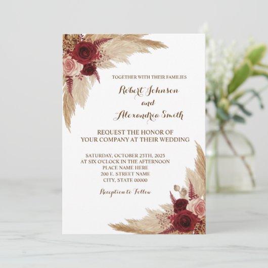 Pampas Grass Wedding Country Uitnodiging (Staand voorkant)