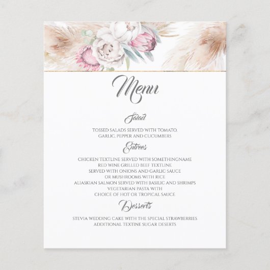 Pampas Grass Wedding Menu Roze Floral (Voorkant)