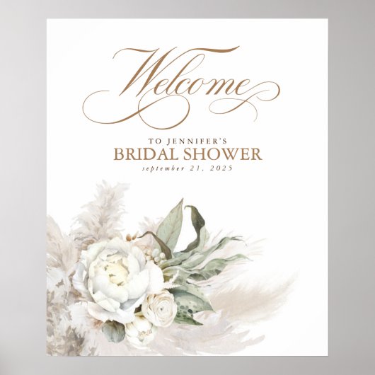 Pampas Grass White Floral Botanical Welcome Sign Poster (Voorkant)