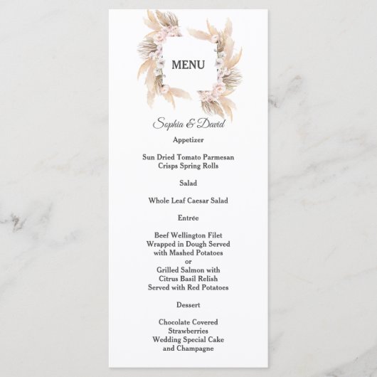 Pampas Grass White Orchid Rozen Weddenschap Menu (Voorkant)
