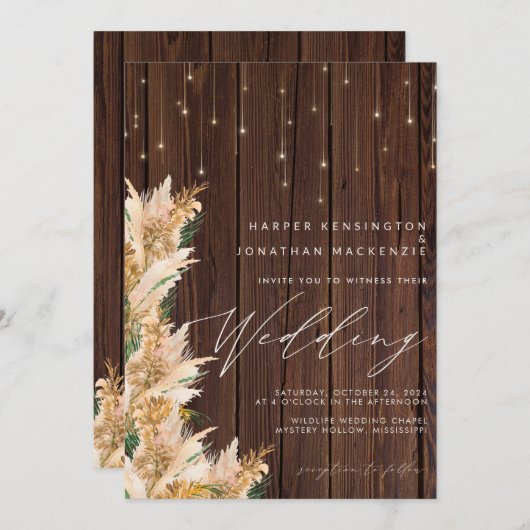 Pampas Grass Wood Twinkle Lights Boho Wedding Kaart (Voorkant / Achterkant)