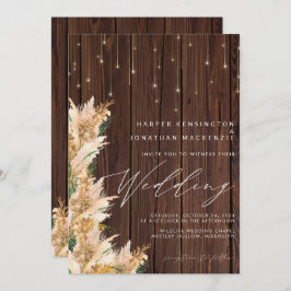 Pampas Grass Wood Twinkle Lights Boho Wedding Kaart