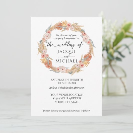 Pampas Grass Wreath Boho Tropical Pink Gold Floral Kaart (Staand voorkant)