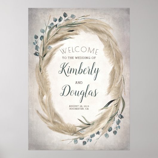 Pampas Grass Wreath Boho Wedding Welkomstteken Poster (Voorkant)