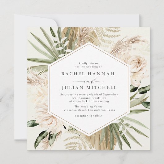 pampas greenery beige waterverf florale bruiloft kaart (Voorkant)