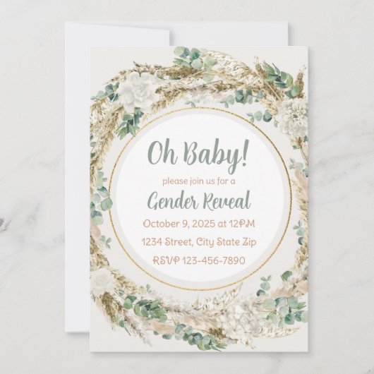 Pampas Greenery Neutral Tone Boho Gender Reveal Kaart (Voorkant)