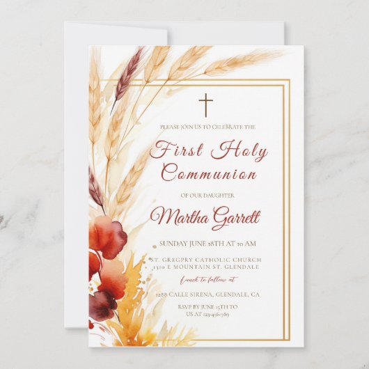 Pampas Herfst Beige Meisjes Eerste Heilige Communi Kaart (Voorkant)