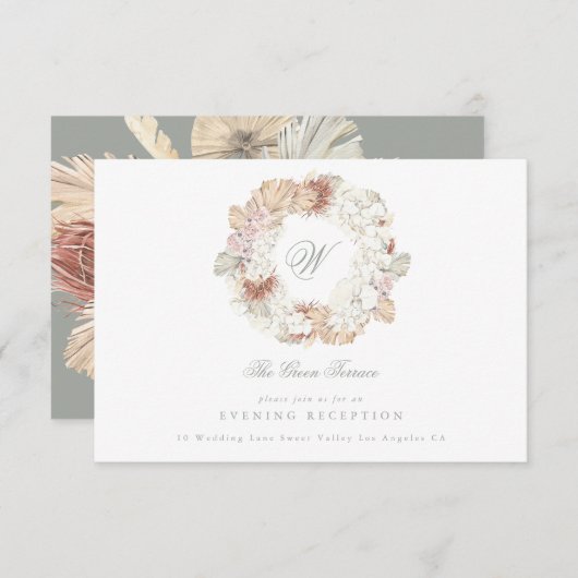 Pampas Krans Mos Salie Groene Monogram Elegant Informatiekaartje (Voorkant / Achterkant)