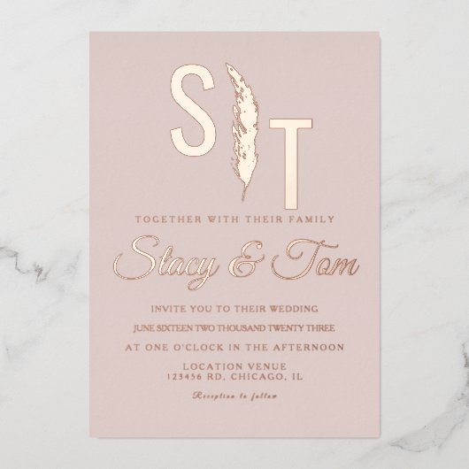 Pampas Logo Weddenschap geperst Blush Folie Uitnodiging (Voorkant)