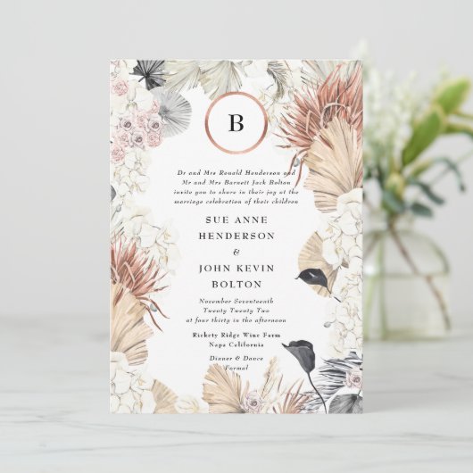 Pampas Modern Lijst | Monogram goudolie | wit Kaart (Staand voorkant)