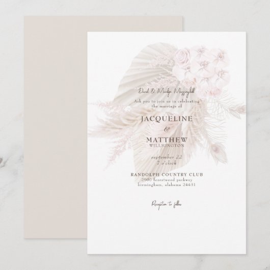 Pampas Muted Pink Floral Bride Parents Wedding Kaart (Voorkant / Achterkant)