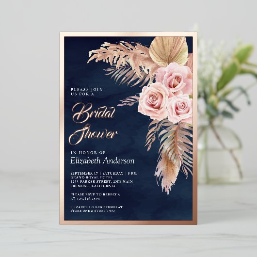 Pampas Navy Dusty Pink Vrijgezellenfeest Roos Gold Folie Uitnodiging (Staand Voorkant)