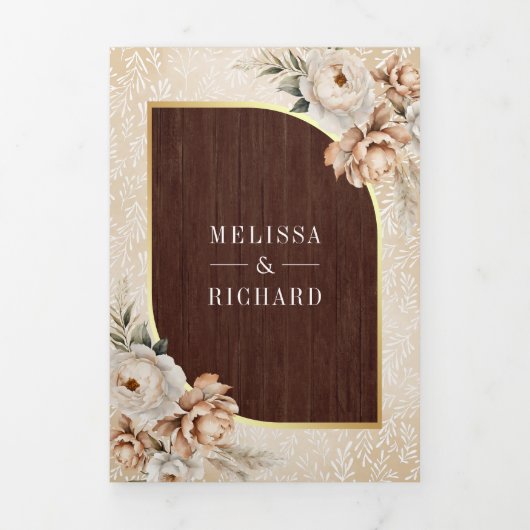 Pampas neutraal beige aards bloemenhout bruiloft drieluik uitnodiging (Cover)