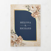 Pampas Neutral Beige Earthy Floral Navy Wedding Drieluik Uitnodiging (Cover)