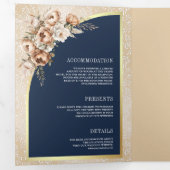 Pampas Neutral Beige Earthy Floral Navy Wedding Drieluik Uitnodiging (Binnenzijde eerst)