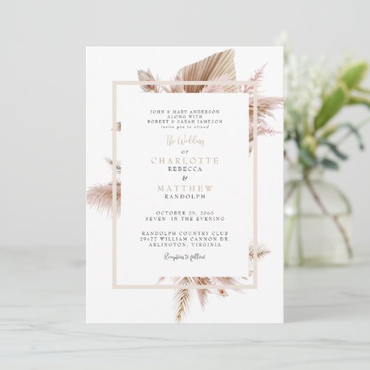 Pampas Neutral Wedding Kaart (Staand voorkant)