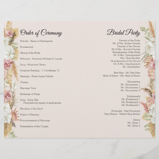 Pampas Palm Pink Floral Terrcotta Wedding Programm (Achterkant)