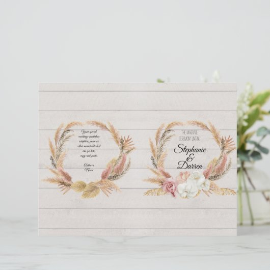 Pampas Palm Pink Floral White Wood Wedding Program (Staand voorkant)