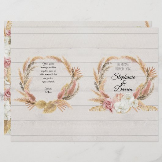 Pampas Palm Pink Floral White Wood Wedding Program (Voorkant / Achterkant)