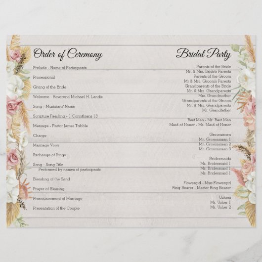 Pampas Palm Pink Floral White Wood Wedding Program (Achterkant)