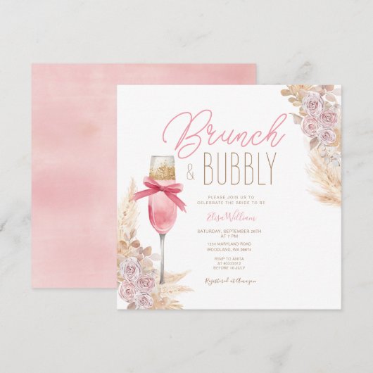 Pampas Pink Bow Brunch & Bubbly Vrijgezellenfeest Kaart (Voorkant / Achterkant)