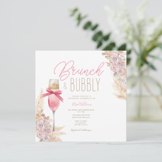 Pampas Pink Bow Brunch & Bubbly Vrijgezellenfeest Kaart (Staand voorkant)