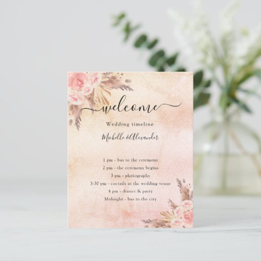 Pampas roos bloemenbruiloft programma tafel nummer (Staand voorkant)