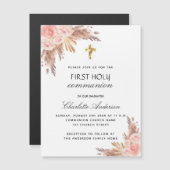 Pampas roos blush eerst holy communiqué luxe magnetische uitnodiging (Voorkant / Achterkant)