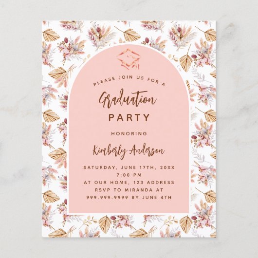 Pampas roos budget graduatie feestuitnodiging flyer (Voorkant)