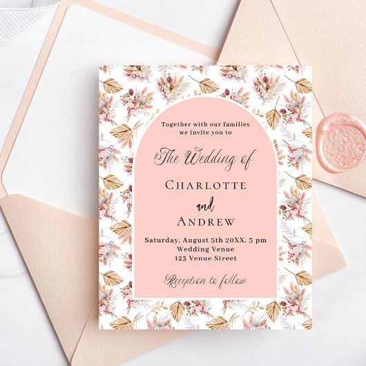 Pampas roos gouden budget bruiloft uitnodiging