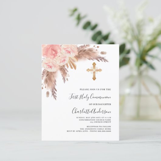 Pampas roos gouden budget eerste communie uitnodig (Staand voorkant)