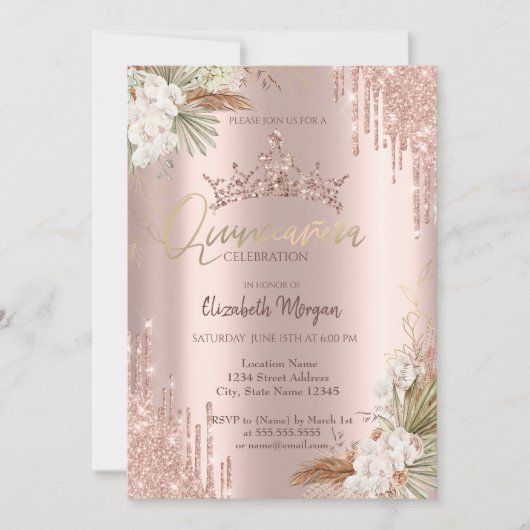 Pampas Roos Gouden Glitter Crown Drop Quinceañera Kaart (Voorkant)